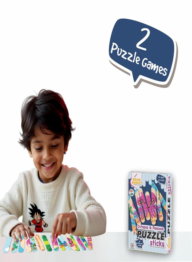 BRAIN BASKET Pack of 2 Wooden Stick Puzzles for Kids 2-4 Years, Preschool Montessori Educational Toy | Fun Way to Learn Animal Names Octopus and Peacock| Puzzle & Scrabble Game for Kids - Image 3